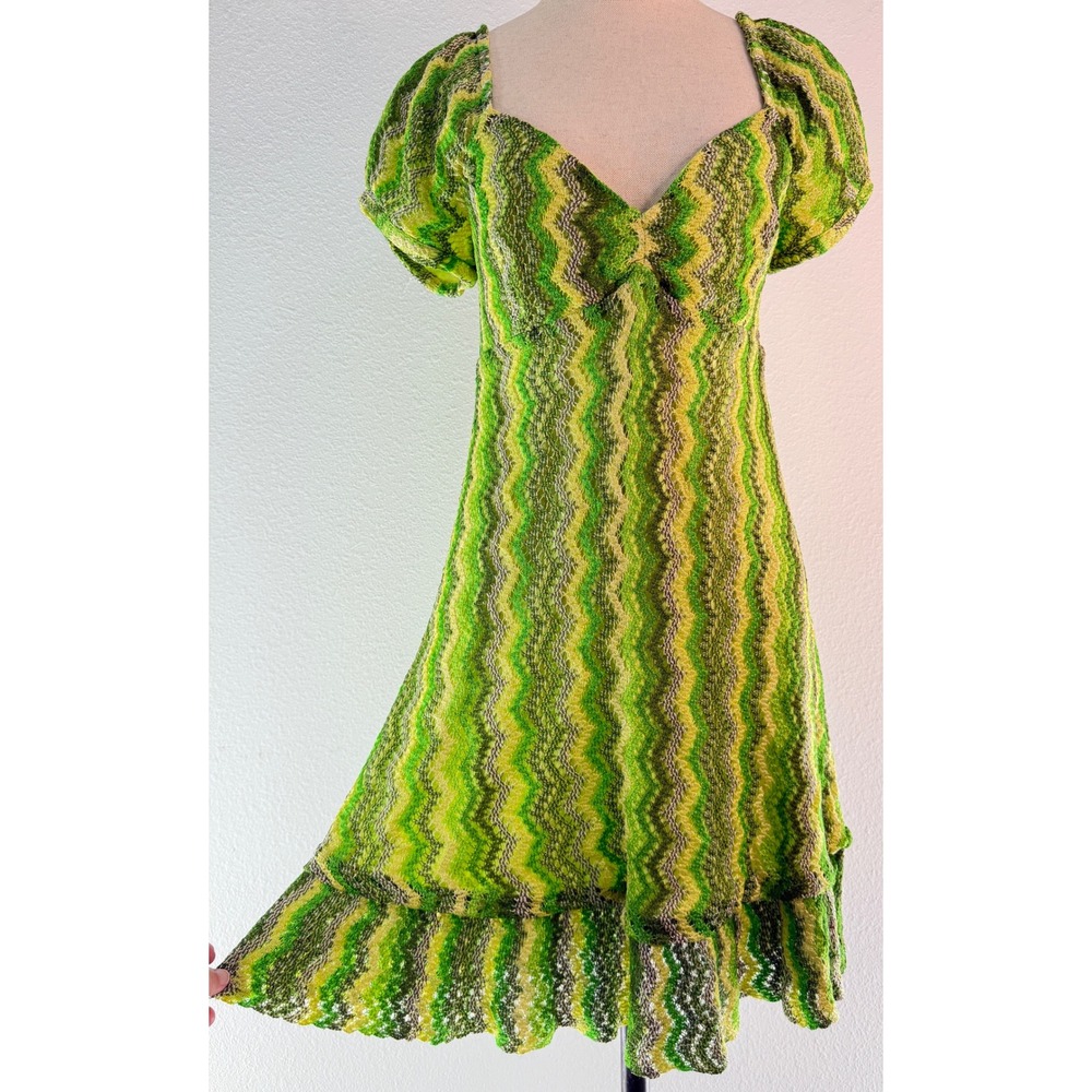 Vintage 90s Y2K Betsey Johnson Green Chevron Lace Knit Mini Dress Zig Zag Ruffle